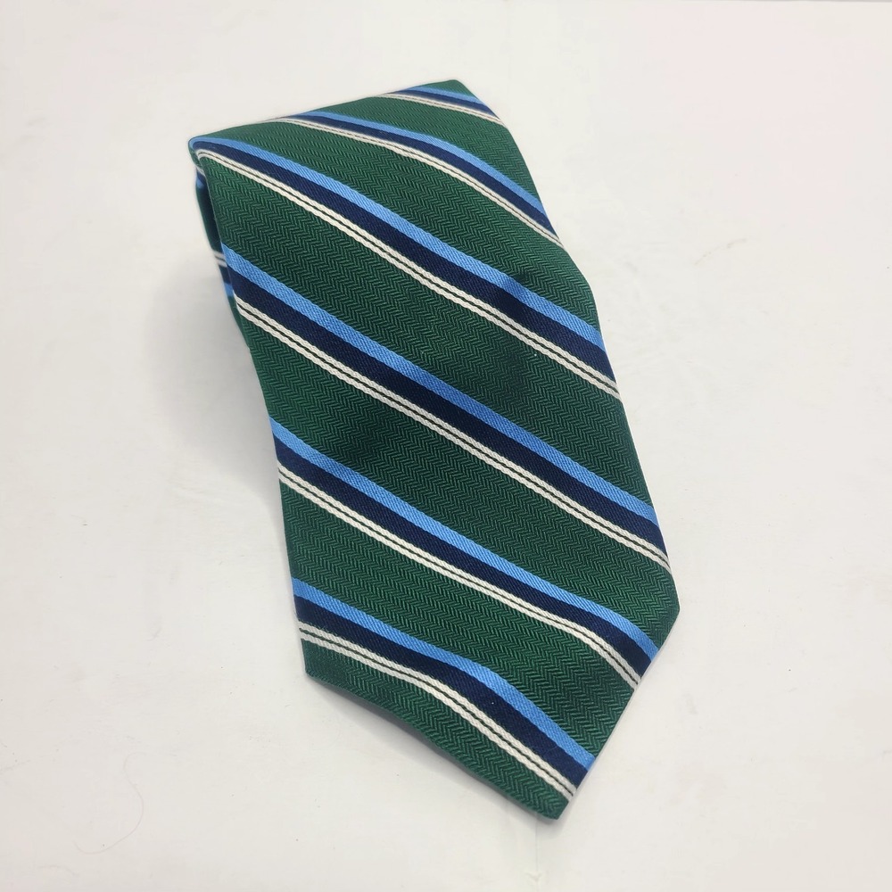 Brooks Brothers Makers Repp Stripe Silk Tie Green Blue USA Made 3.25in Wide